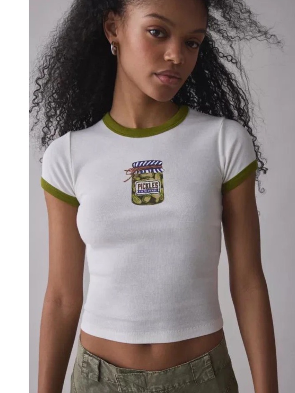 Kimchi Blue Pickles cropped ribbed graphic tee with chartreuse details.
